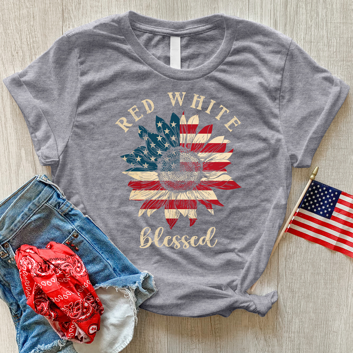 Red White Blessed Sunflower Heathered Tee