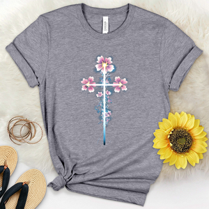 Pink Flowers Cross Heathered Tee