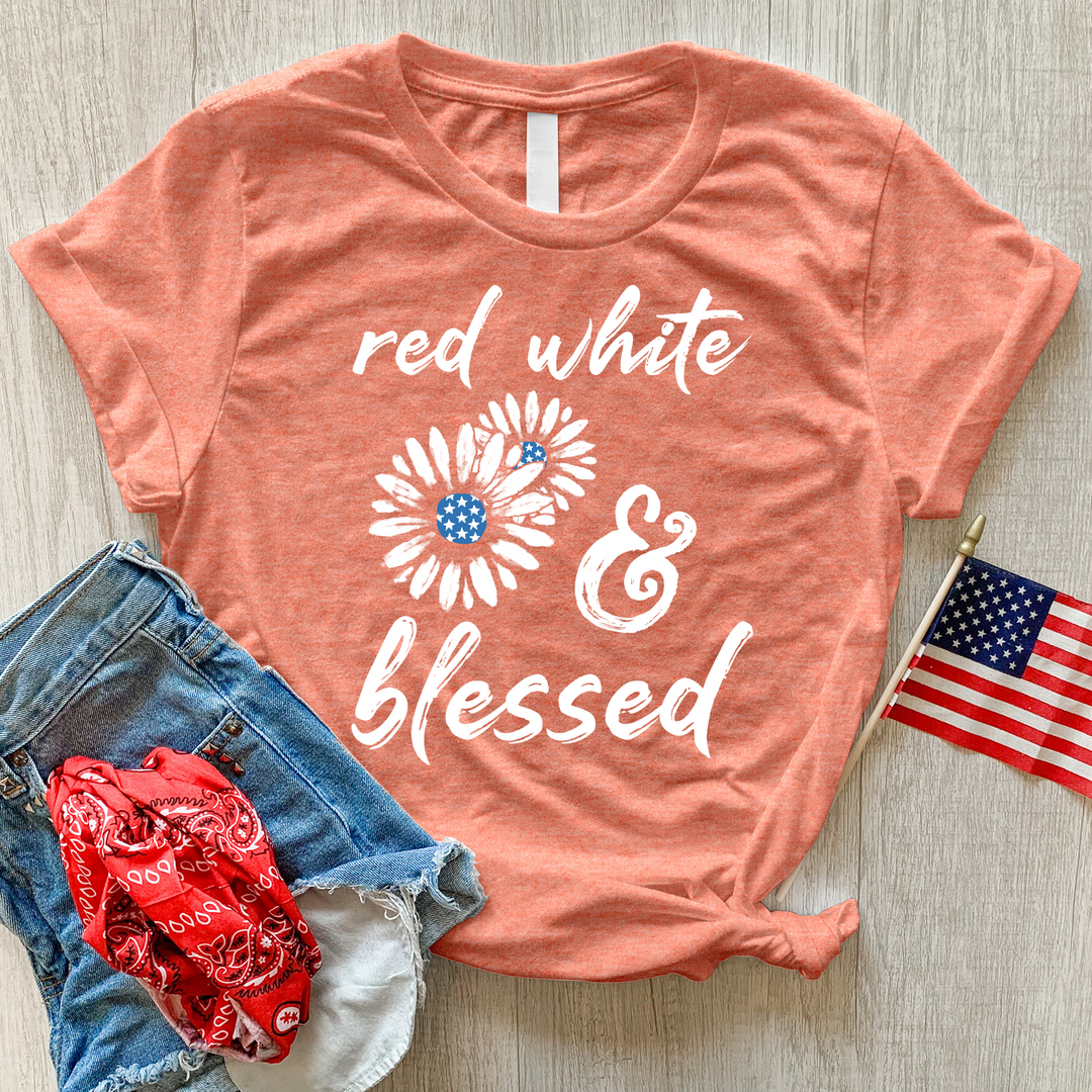 Red White Blessed Flowers Heathered Tee