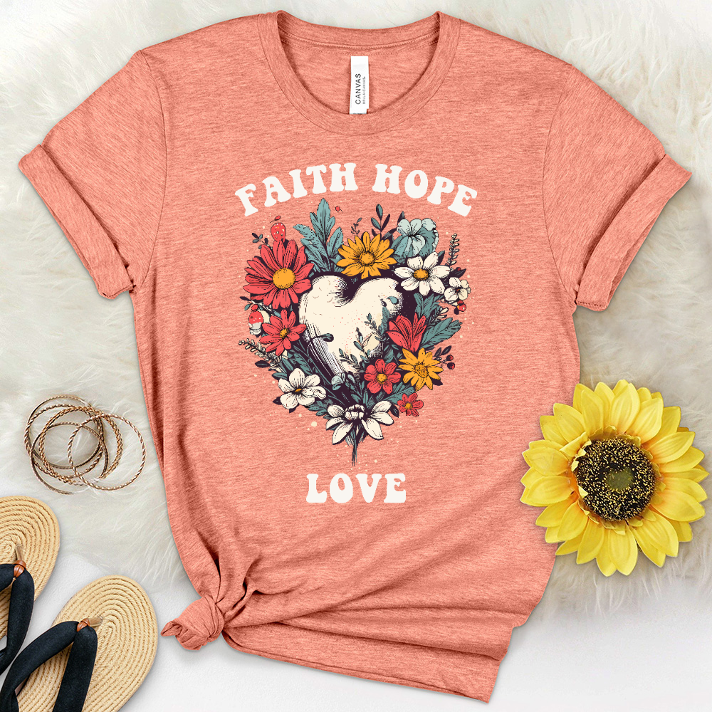 Faith Assorted Flowers Heart Heathered Tee