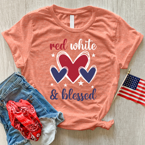 Red White Blessed Hearts Heathered Tee