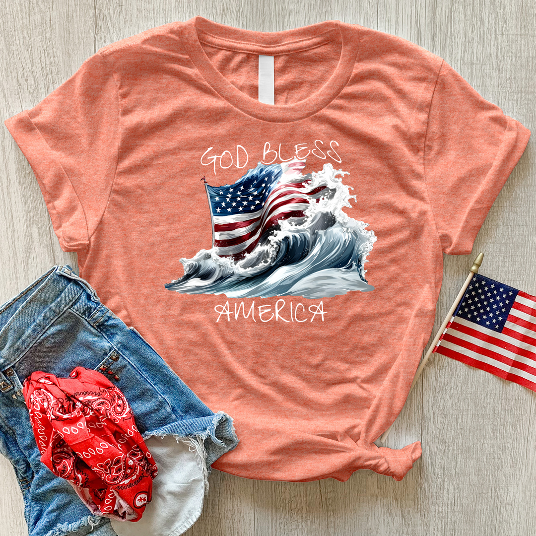 Waving American Flag With Ocean Waves Heathered Tee