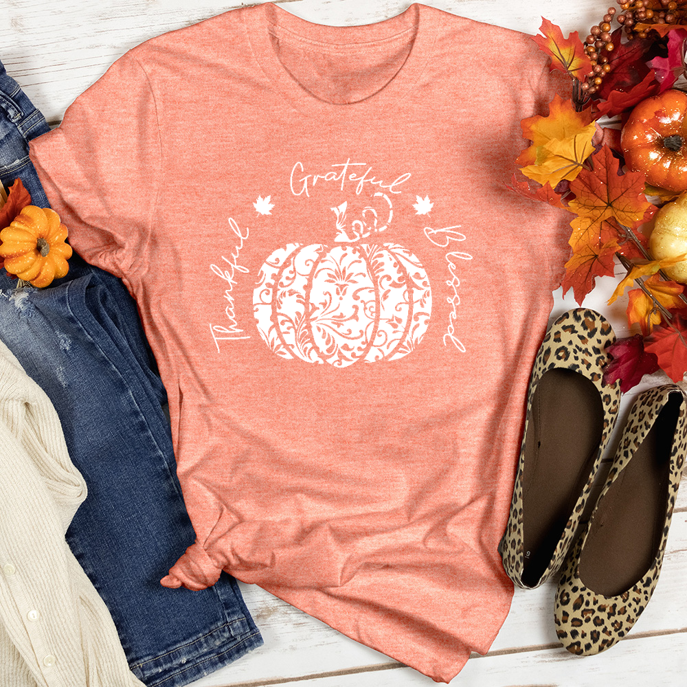 TGB White Floral Pumpkin Heathered Tee