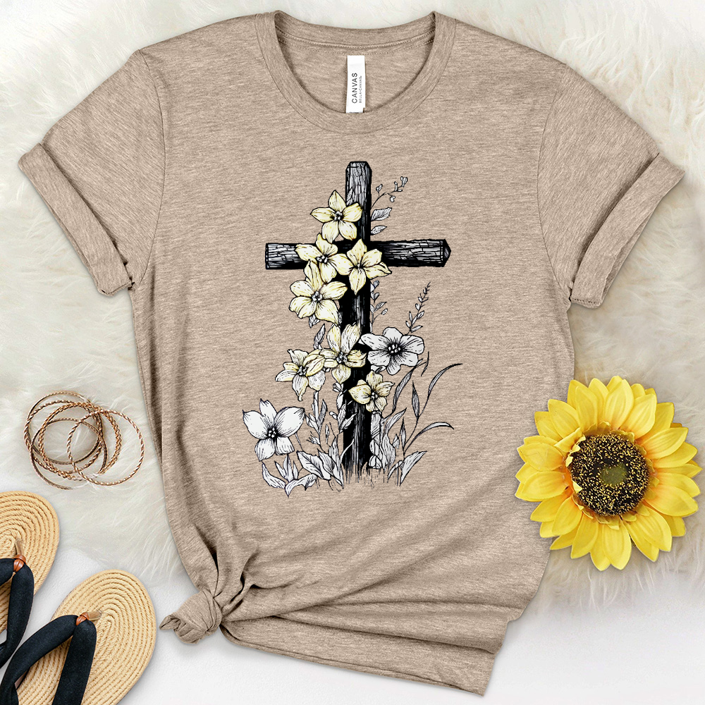 Cross With Flowers Heathered Tee