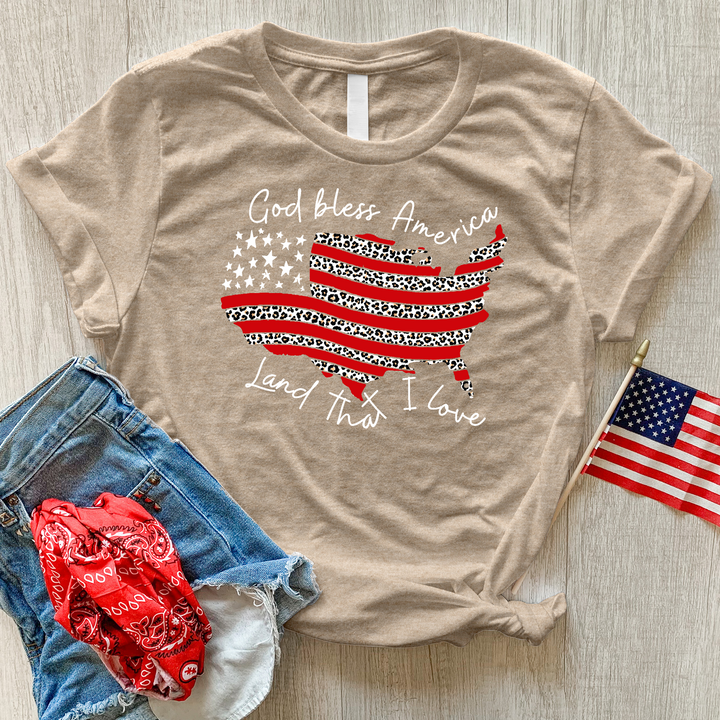 God Bless America Leopard Heathered Tee