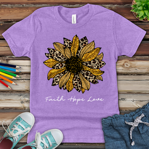 Faith Hope Love Leopard Sunflower Youth Heathered Tee