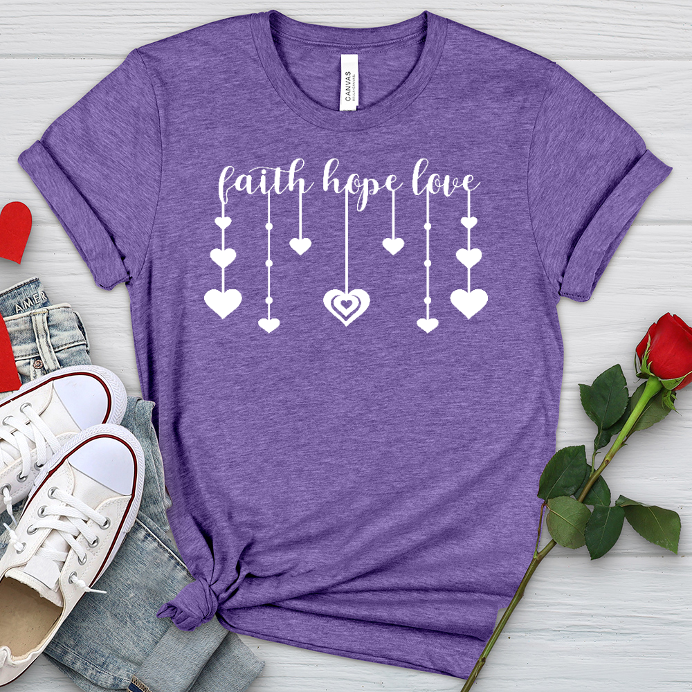 Faith Hope Love Dangling Hearts Heathered Tee