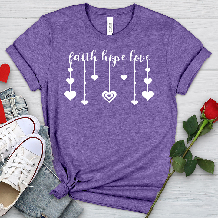 Faith Hope Love Dangling Hearts Heathered Tee