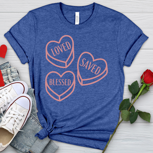 Loved Saved Blessed Candy Heathered Tee