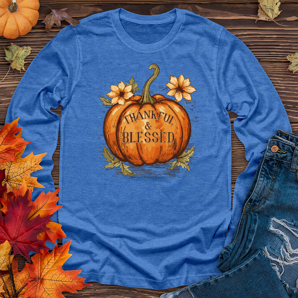 Thankful & Blessed Floral Pumpkin Long Sleeve Tee