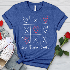 Love Never Fails Tic Tac Toe Heathered Tee