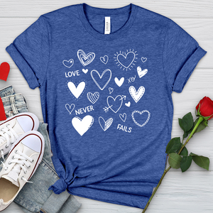 Love Never Fails Assorted Hearts Heathered Tee