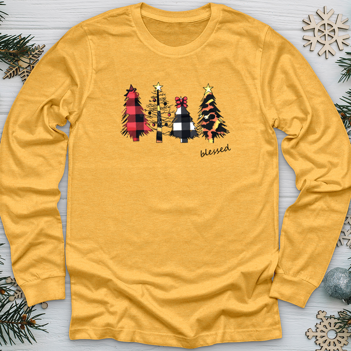 Blessed Leopard Christmas Tree Pattern Long Sleeve Tee