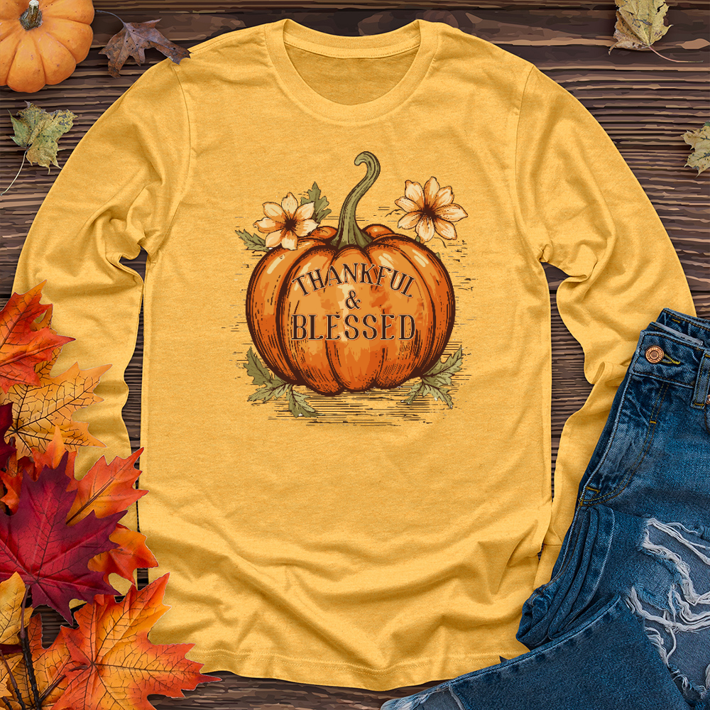 Thankful & Blessed Floral Pumpkin Long Sleeve Tee