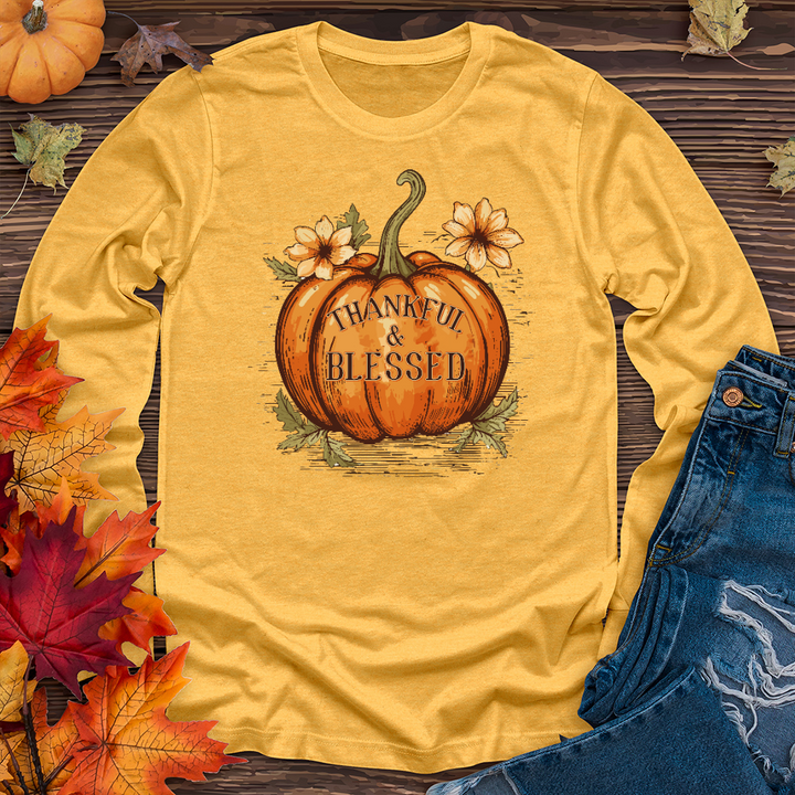 Thankful & Blessed Floral Pumpkin Long Sleeve Tee