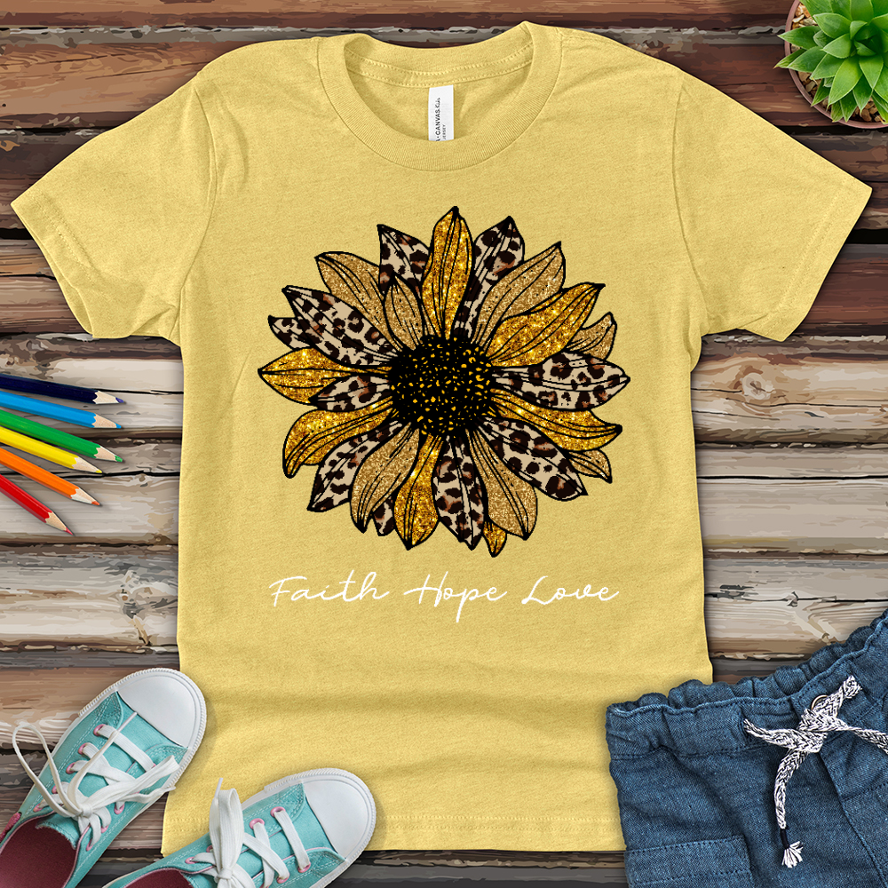 Faith Hope Love Leopard Sunflower Youth Heathered Tee
