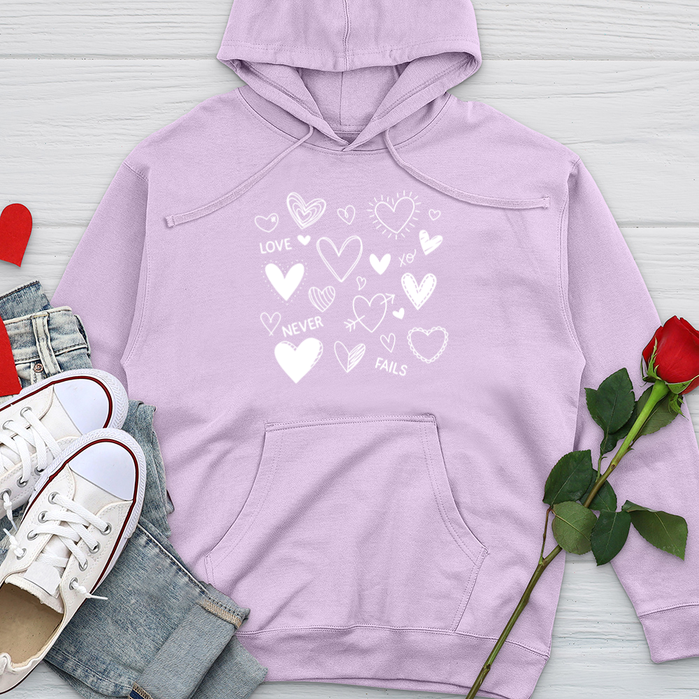 Love Never Fails Assorted Hearts Midweight Hooded Sweatshirt