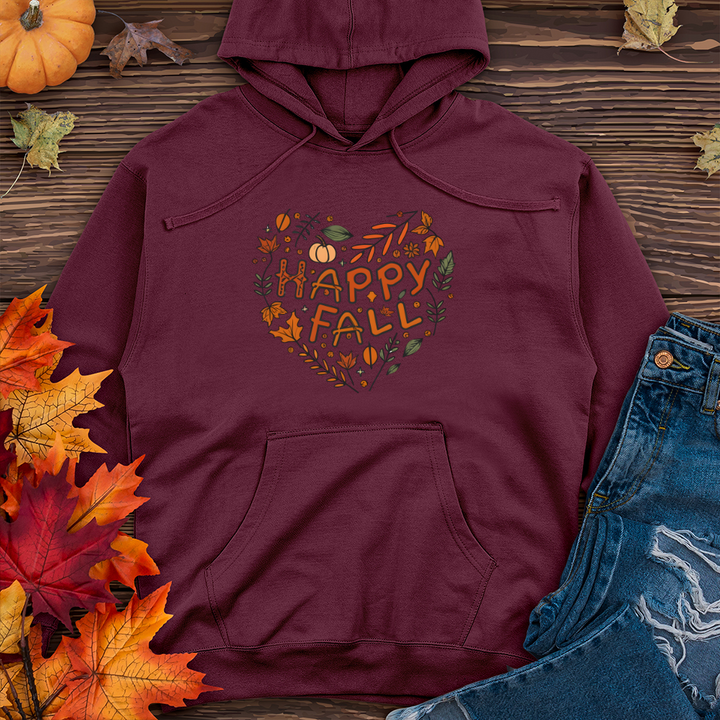 Happy Fall Heart Heathered Tee Midweight Hooded Sweatshirt