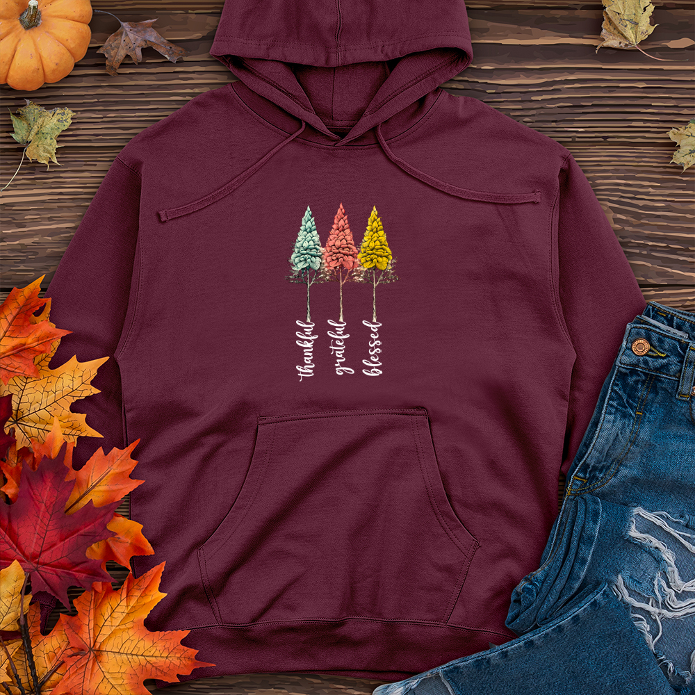 Retro Gratitude Trio Pine Trees Midweight Hooded Sweatshirt