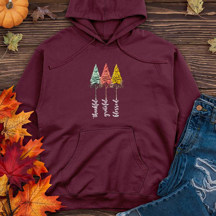 Retro Gratitude Trio Pine Trees Midweight Hooded Sweatshirt