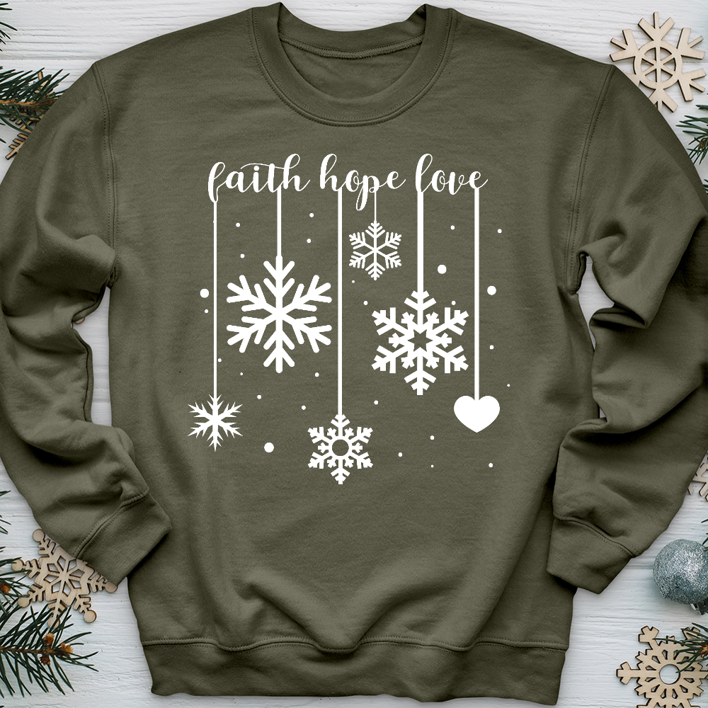 Faith Hope Love Dangling Snowflakes Crewneck