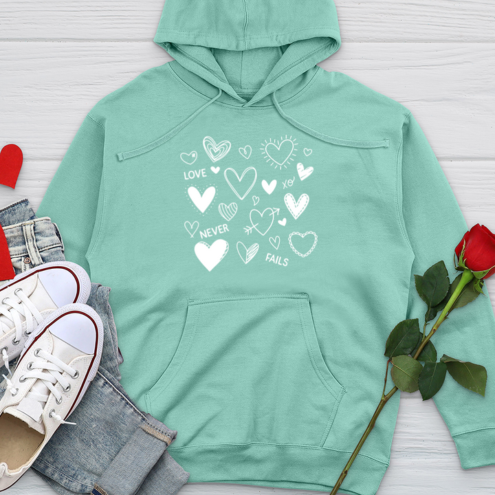 Love Never Fails Assorted Hearts Midweight Hooded Sweatshirt