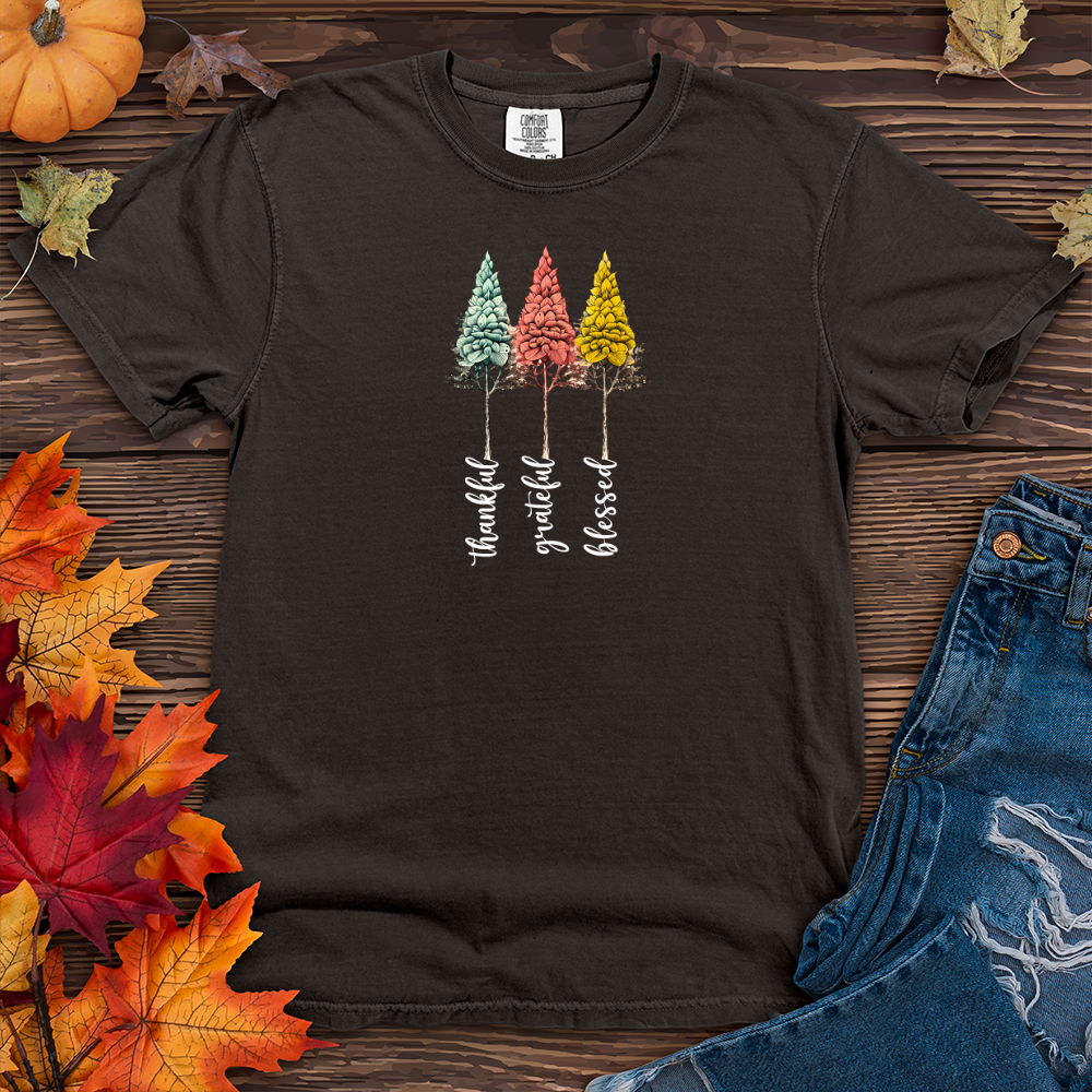 Retro Gratitude Trio Pine Trees Heavy Cotton Comfort Colors Tee