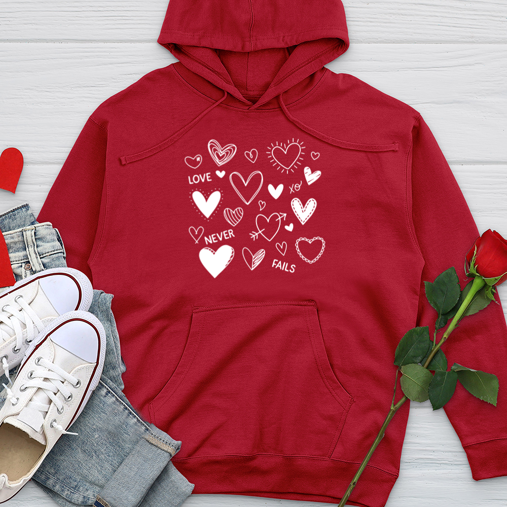 Love Never Fails Assorted Hearts Midweight Hooded Sweatshirt