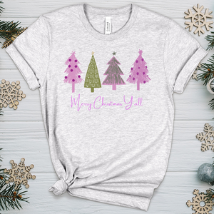 Merry Christmas Y'all Pink Trees Heathered Tee