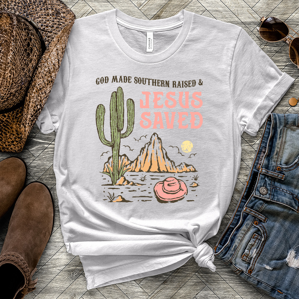 Southern Raised Jesus Saved Heathered Tee