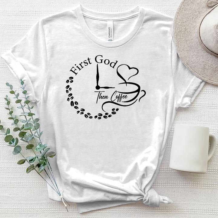 First God Then Coffee Clock Heathered Tee